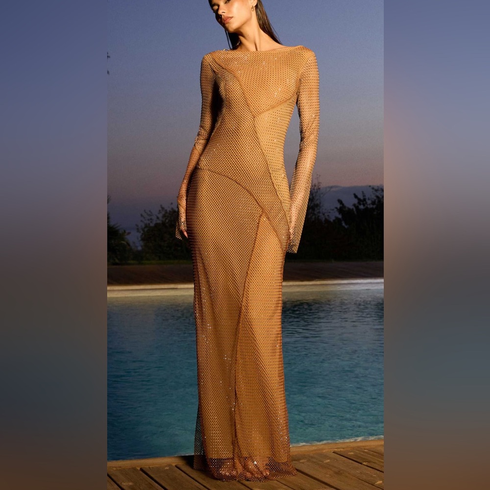 ASOS Elegant Fishnet Hotfix Long Sleeve Dress NWT!